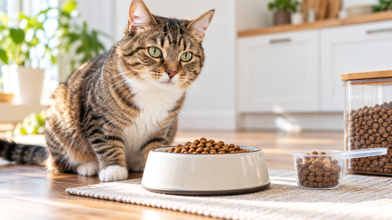 Healthy domestic cat beside a measured portion of dry cat food with a feeding scoop, illustrating proper cat food portion sizes and daily feeding amounts.