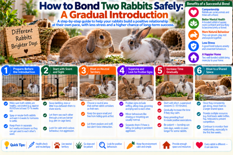 Two rabbits meeting calmly in a neutral indoor area with a low barrier, separate hideouts and hay nearby, illustrating a gradual and supervised bonding process.