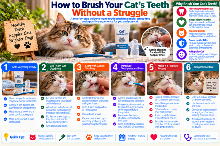 Calm cat having its teeth gently brushed with a small pet toothbrush while receiving treats and reassurance, illustrating a gradual low-stress dental care routine at home.