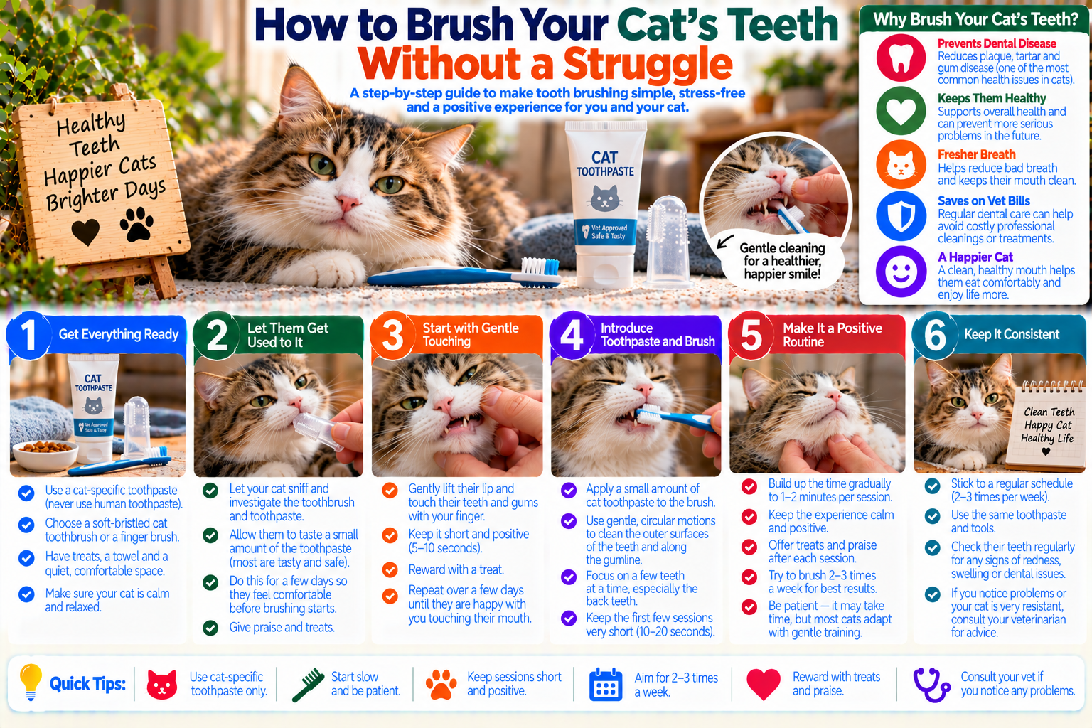 Calm cat having its teeth gently brushed with a small pet toothbrush while receiving treats and reassurance, illustrating a gradual low-stress dental care routine at home.