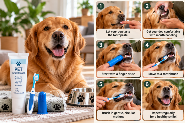 Dog owner gently brushing a calm dog’s teeth with a pet toothbrush in a bright home, demonstrating proper at-home dental care for dogs.