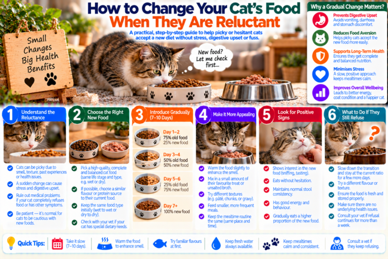 Cat cautiously sniffing a bowl with a gradual mix of old and new food while its owner monitors the transition, illustrating a slow and low-stress diet change for a reluctant cat.