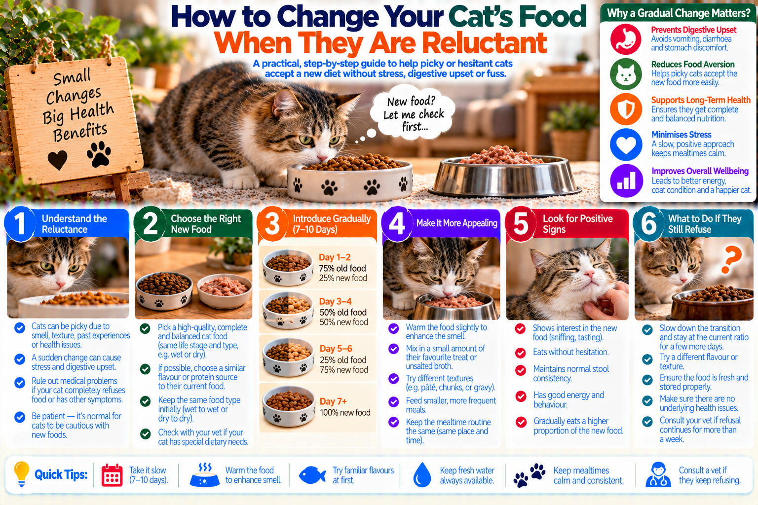 Cat cautiously sniffing a bowl with a gradual mix of old and new food while its owner monitors the transition, illustrating a slow and low-stress diet change for a reluctant cat.