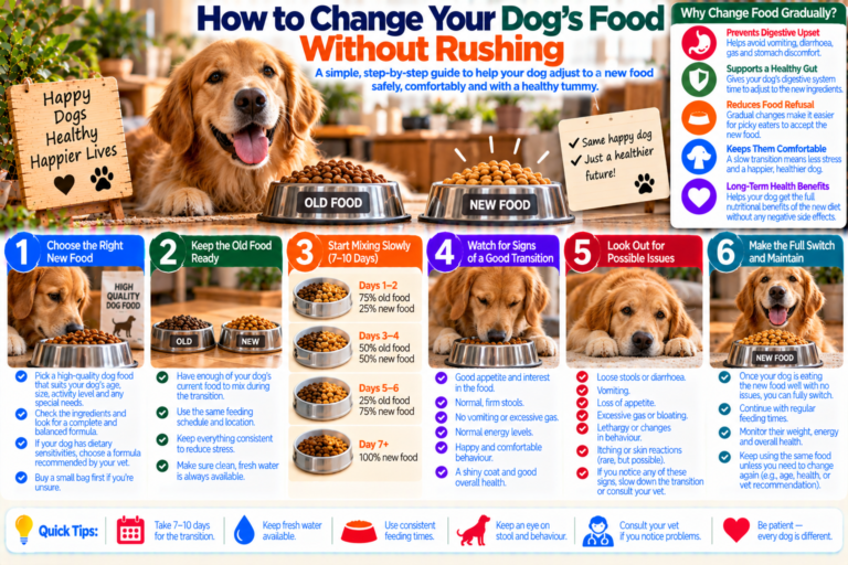 Dog calmly eating from a bowl containing a gradual mix of old and new food, illustrating a slow diet transition designed to reduce digestive upset and help a dog adjust comfortably.