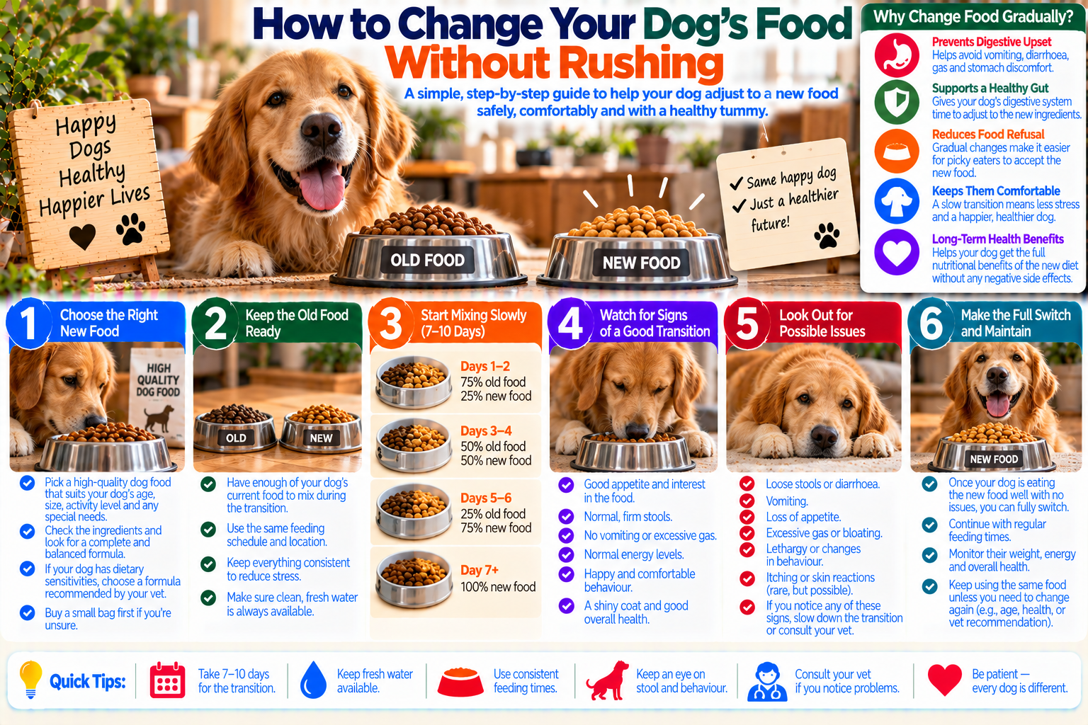Dog calmly eating from a bowl containing a gradual mix of old and new food, illustrating a slow diet transition designed to reduce digestive upset and help a dog adjust comfortably.