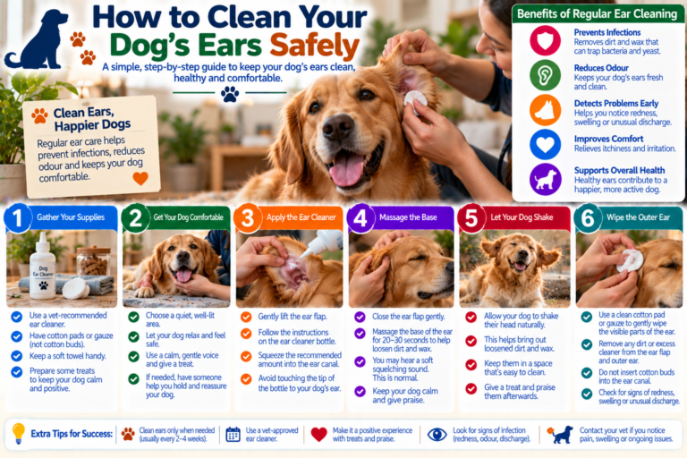Dog owner gently cleaning a calm dog’s outer ear with pet-safe ear cleaner and cotton pads in a bright home, demonstrating safe routine ear care.