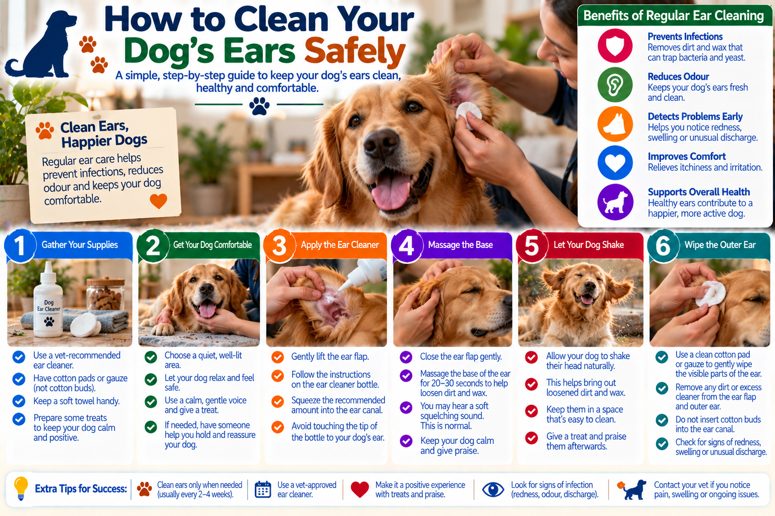 Dog owner gently cleaning a calm dog’s outer ear with pet-safe ear cleaner and cotton pads in a bright home, demonstrating safe routine ear care.
