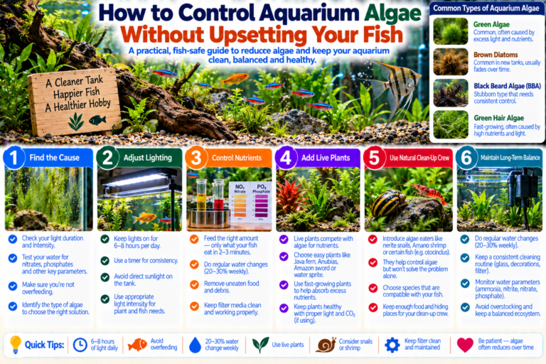 Freshwater aquarium with healthy fish, live plants and light algae growth being managed with gentle cleaning, balanced lighting and regular maintenance.