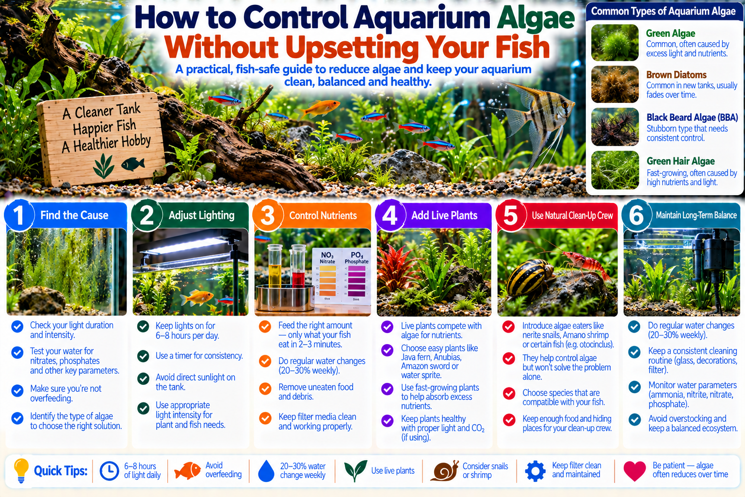 Freshwater aquarium with healthy fish, live plants and light algae growth being managed with gentle cleaning, balanced lighting and regular maintenance.