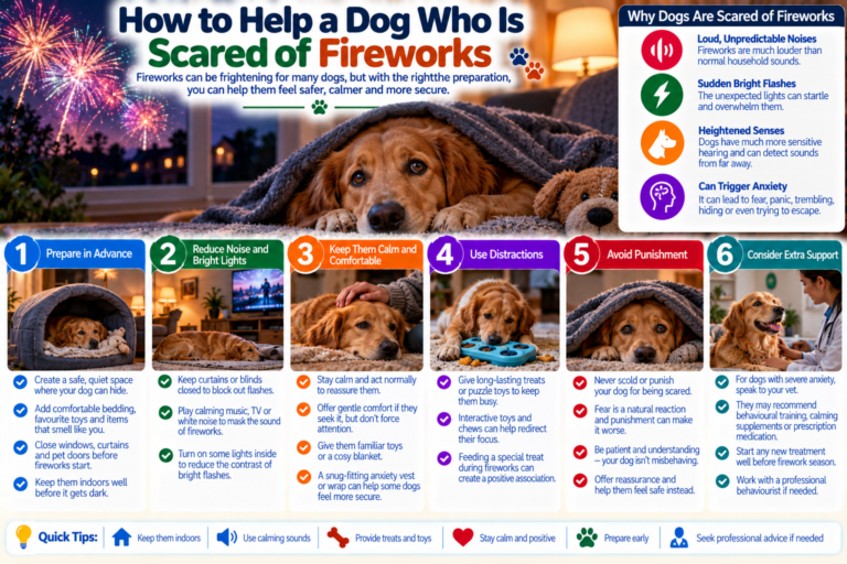 Frightened dog resting in a quiet indoor safe space with curtains closed, soft bedding and its owner nearby during fireworks, illustrating ways to reduce noise-related anxiety and stress.