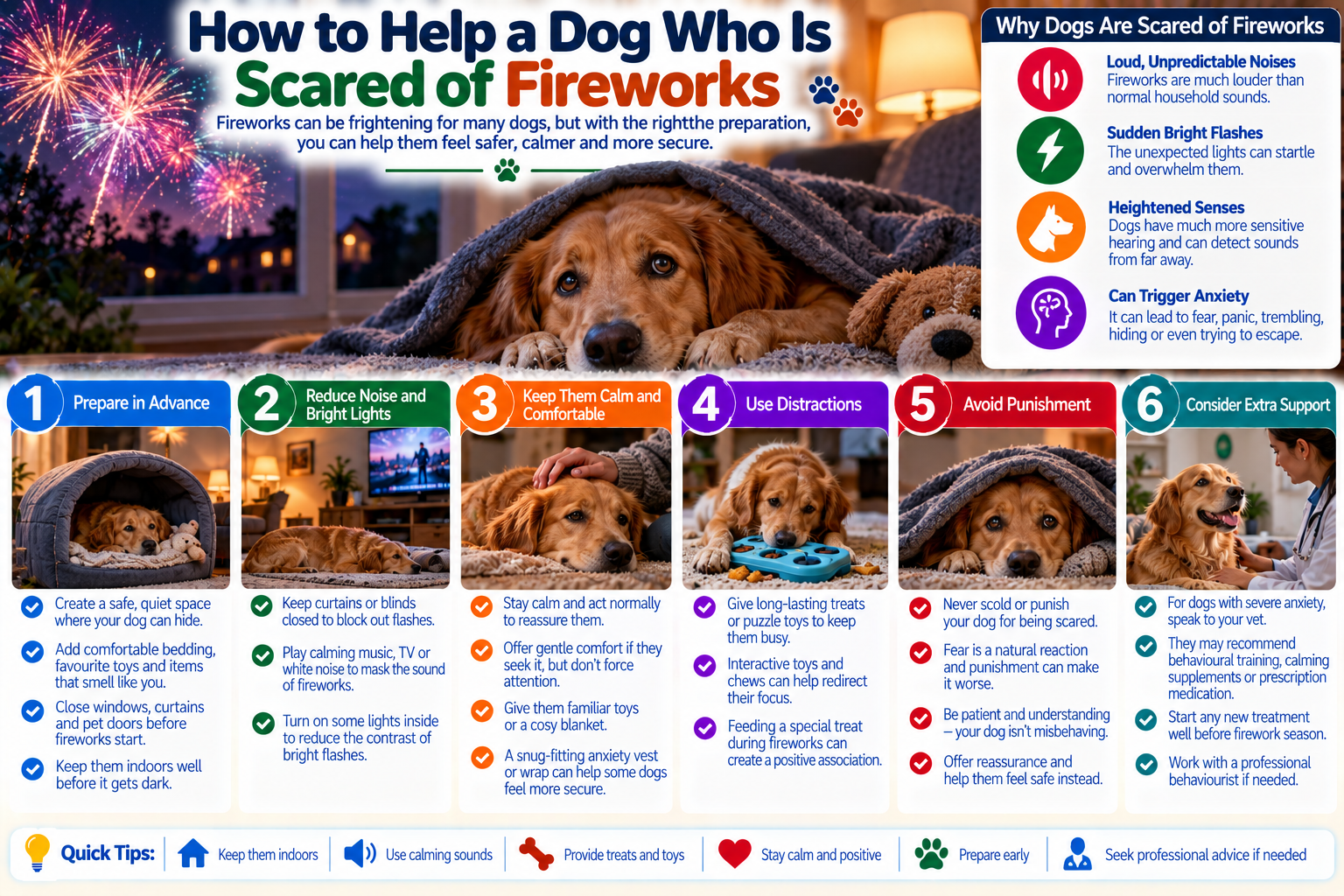 Frightened dog resting in a quiet indoor safe space with curtains closed, soft bedding and its owner nearby during fireworks, illustrating ways to reduce noise-related anxiety and stress.
