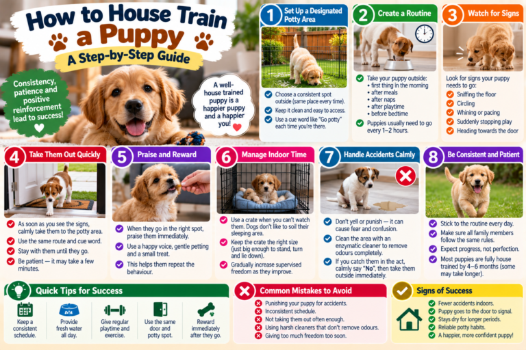 Puppy learning house training with its owner using a consistent potty routine, rewards and a designated outdoor toilet area.