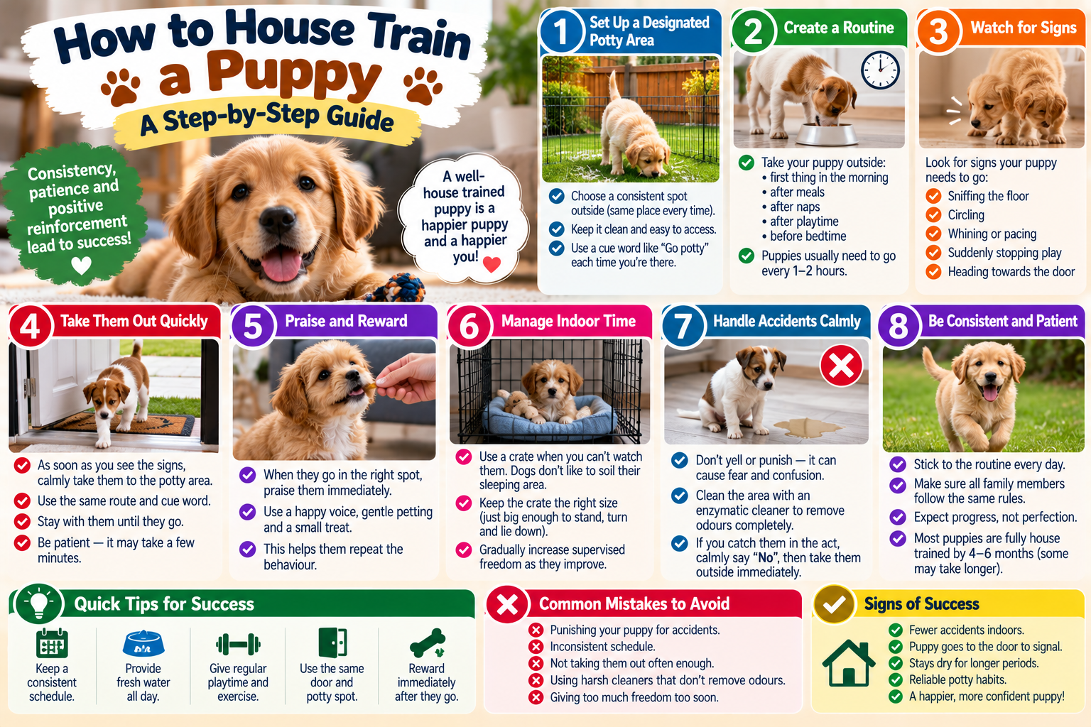 Puppy learning house training with its owner using a consistent potty routine, rewards and a designated outdoor toilet area.