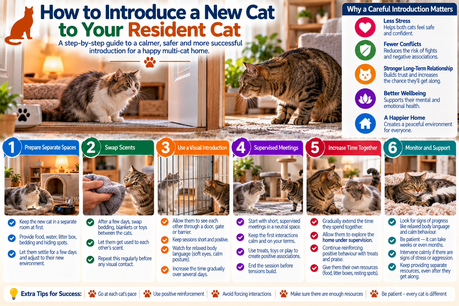 Two cats meeting gradually through a partially opened interior door with separate food, bedding and safe spaces, illustrating a calm step-by-step cat introduction at home.