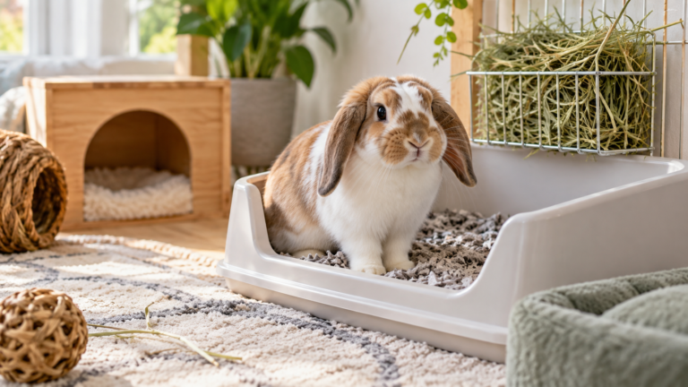 Pet rabbit sitting in a litter box beside a hay rack in a clean indoor enclosure, showing rabbit litter training setup.