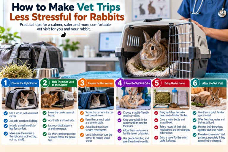 Pet rabbit resting calmly in a secure carrier with familiar bedding while its owner prepares for a veterinary visit, illustrating ways to reduce travel and vet stress.