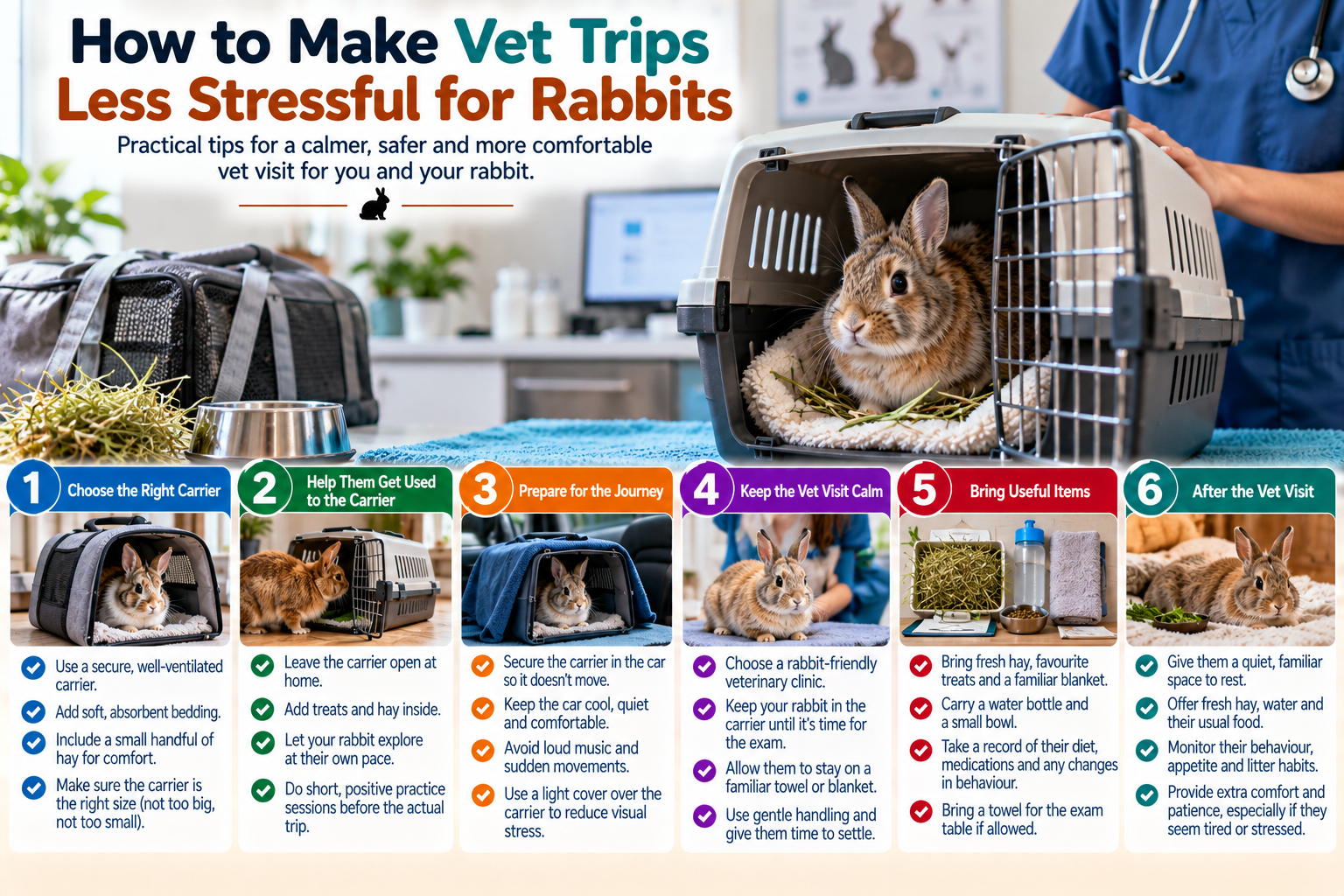 Pet rabbit resting calmly in a secure carrier with familiar bedding while its owner prepares for a veterinary visit, illustrating ways to reduce travel and vet stress.