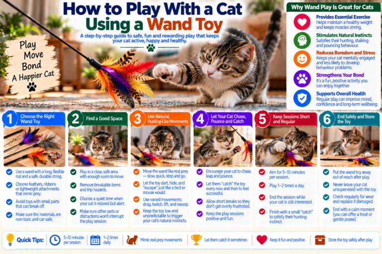 Cat leaping and reaching for a wand toy during interactive play in a bright home, showing safe movement, natural hunting behavior and engaging exercise.