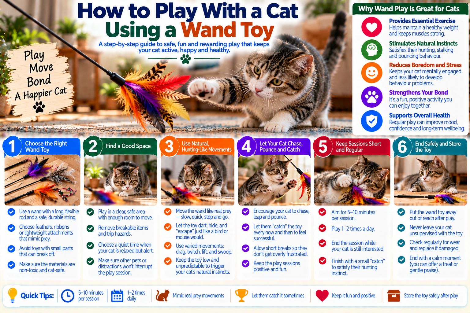 Cat leaping and reaching for a wand toy during interactive play in a bright home, showing safe movement, natural hunting behavior and engaging exercise.