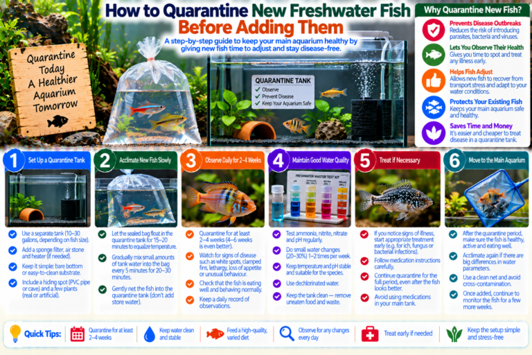 New freshwater fish swimming in a separate quarantine tank with heater, sponge filter and simple hiding places before being introduced to a main aquarium.