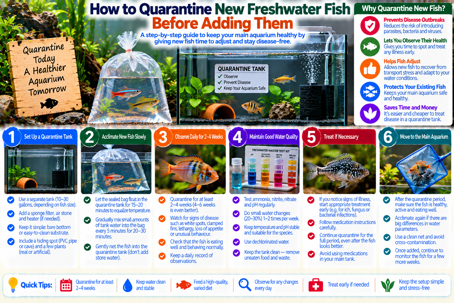 New freshwater fish swimming in a separate quarantine tank with heater, sponge filter and simple hiding places before being introduced to a main aquarium.