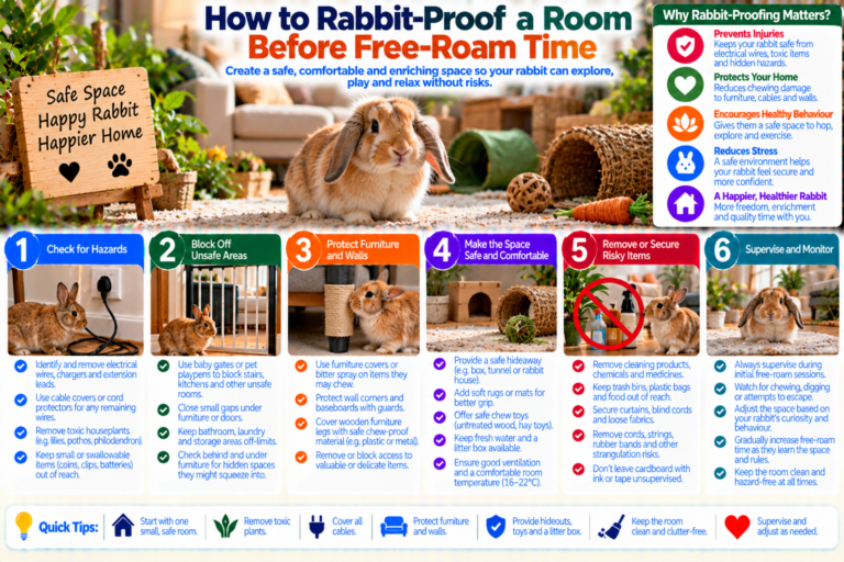 Pet rabbit exploring a rabbit-proofed room with covered electrical cords, protected furniture, blocked gaps, safe flooring and chew-friendly enrichment prepared for supervised free-roam time.