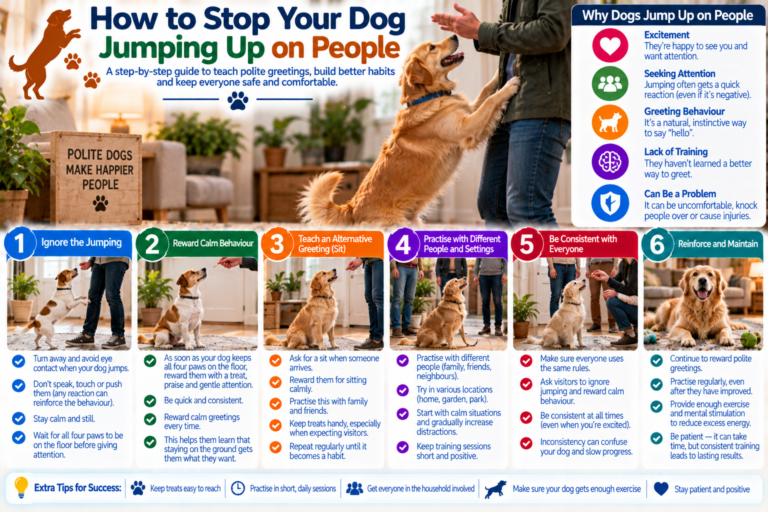 Dog greeting a visitor calmly with all four paws on the floor while the owner rewards polite behavior, illustrating positive training to stop jumping up on people.