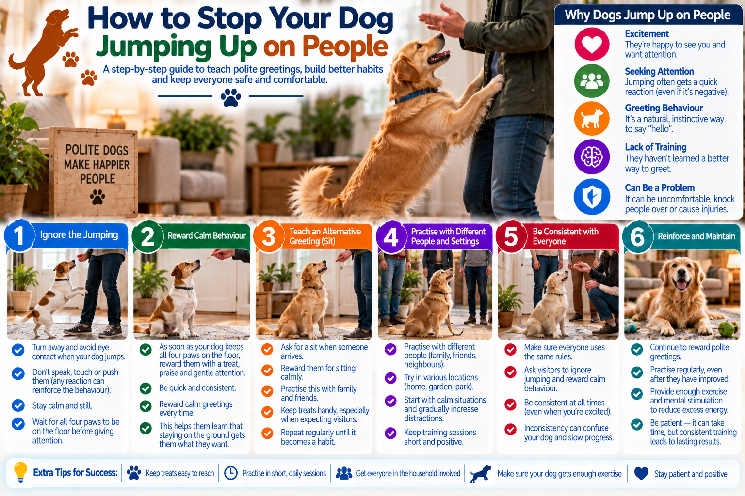 Dog greeting a visitor calmly with all four paws on the floor while the owner rewards polite behavior, illustrating positive training to stop jumping up on people.