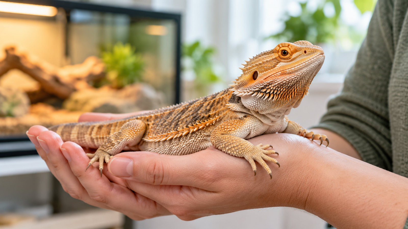 Calm bearded dragon resting on a person’s hands during gentle handling, demonstrating safe taming and handling techniques for pet bearded dragons.