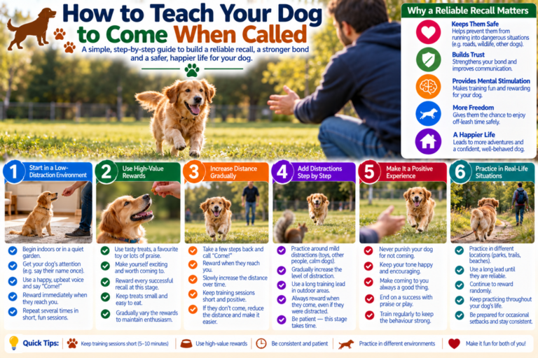 Dog running happily toward its owner in a secure outdoor training area after hearing a recall cue, illustrating positive reinforcement for teaching a reliable come command.