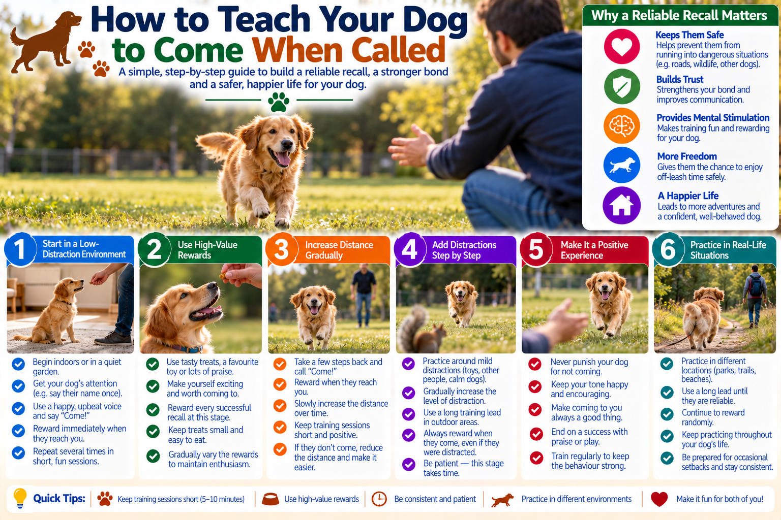 Dog running happily toward its owner in a secure outdoor training area after hearing a recall cue, illustrating positive reinforcement for teaching a reliable come command.