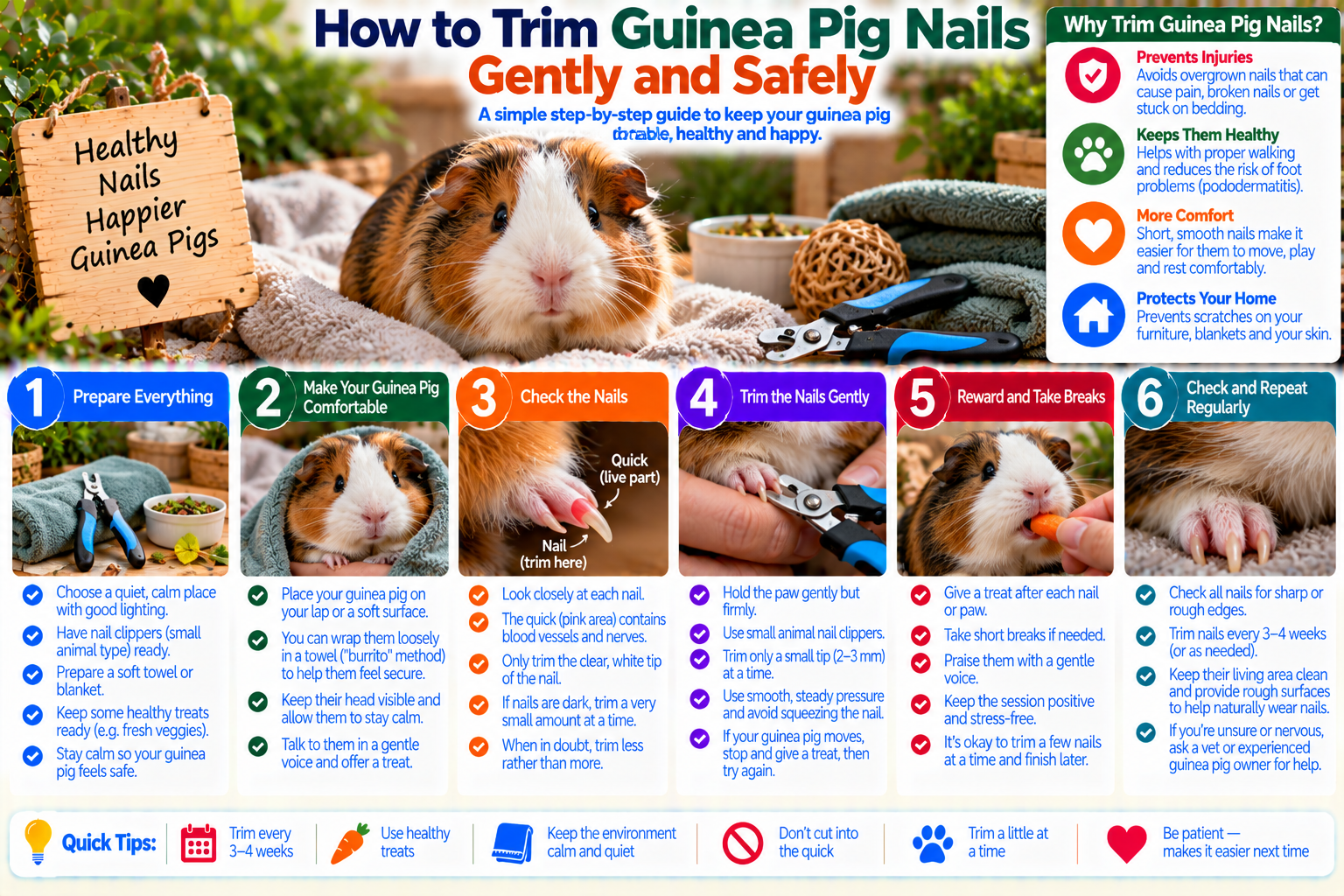 Guinea pig resting calmly on a towel while its nails are gently trimmed with small pet nail clippers, illustrating safe handling and careful nail care.