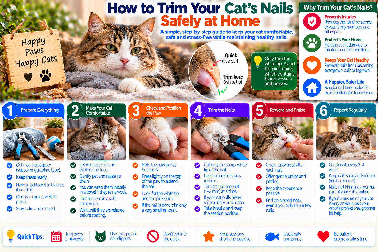 Calm cat resting on a soft towel while its owner gently trims one claw with small pet nail clippers, illustrating safe at-home cat nail care and proper handling.