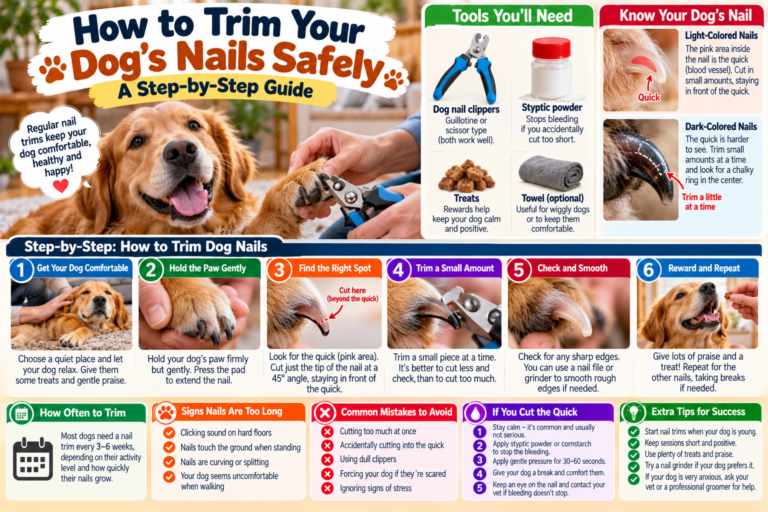 Dog owner gently trimming a calm dog’s nails with pet nail clippers in a bright home, demonstrating safe at-home dog nail care.