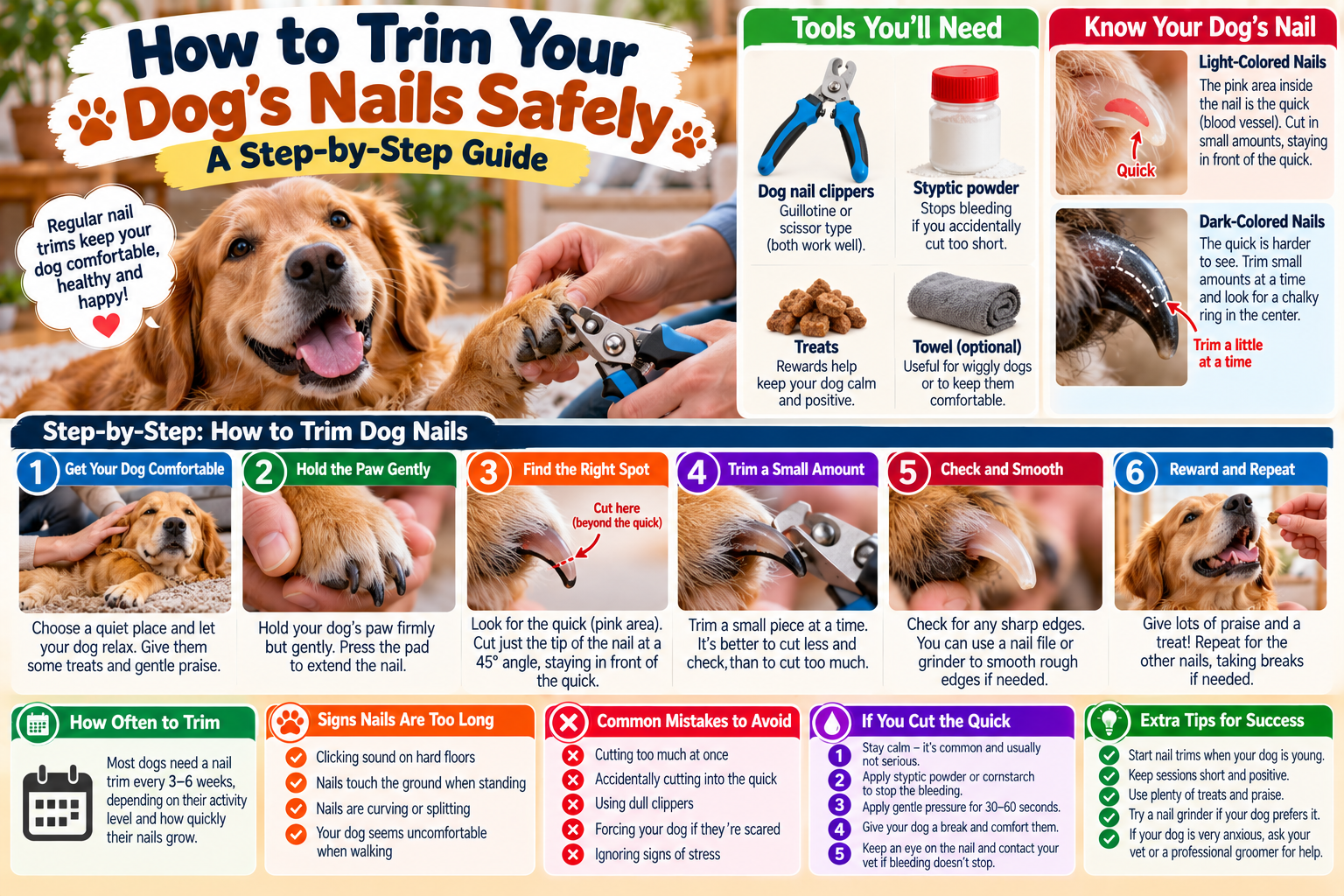 Dog owner gently trimming a calm dog’s nails with pet nail clippers in a bright home, demonstrating safe at-home dog nail care.