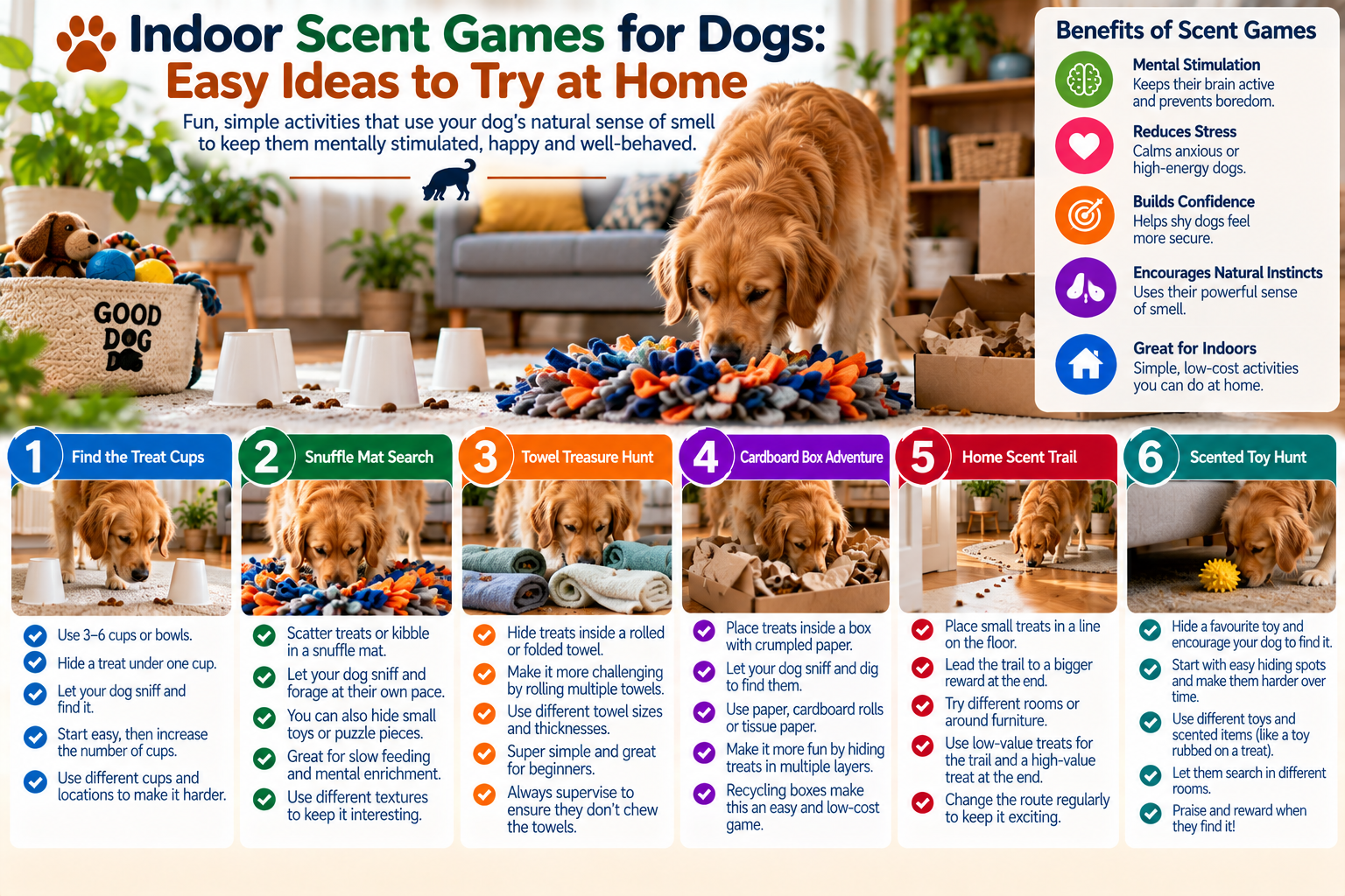Dog using its nose to search for hidden treats among boxes, towels and simple household enrichment activities during an indoor scent game at home.