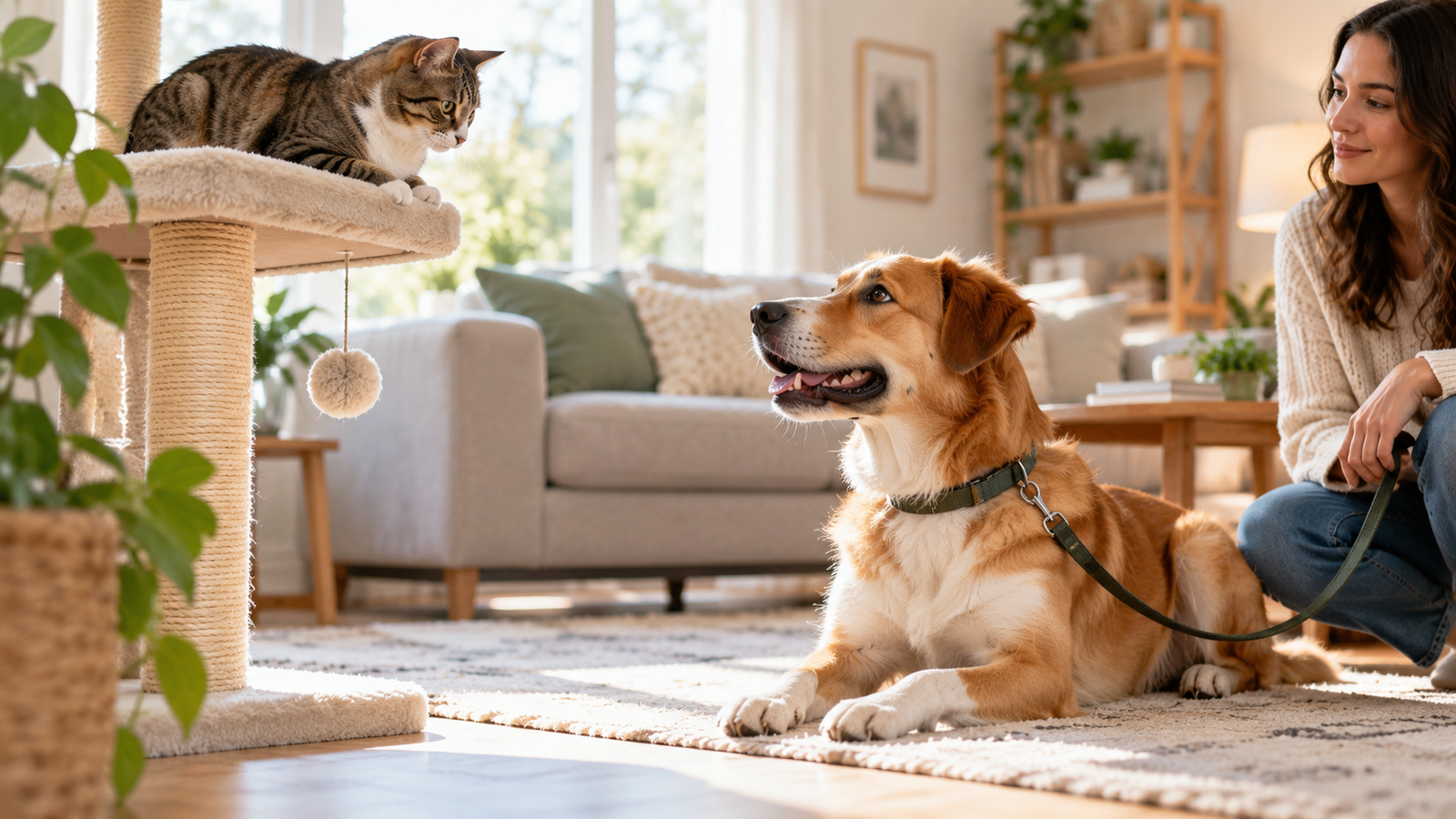 Calm dog on a leash meeting a cat from a comfortable elevated perch during a supervised introduction inside a bright home.