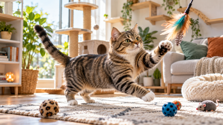 Active indoor cat playing with a feather toy in a bright home with a cat tree, toys and enrichment for exercise and mental stimulation.
