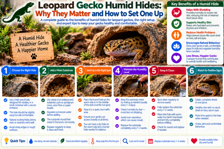 Leopard gecko using a humid hide filled with damp moss inside a clean terrarium, illustrating how a proper moist shelter supports healthy shedding and hydration.