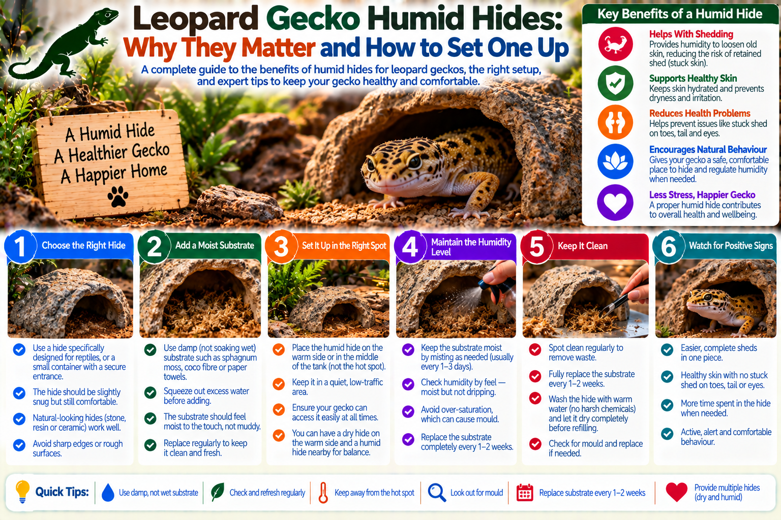 Leopard gecko using a humid hide filled with damp moss inside a clean terrarium, illustrating how a proper moist shelter supports healthy shedding and hydration.
