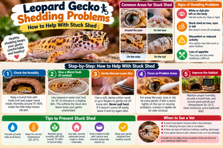Leopard gecko with small areas of retained shed on its toes beside a humid hide in a clean terrarium, illustrating stuck shed problems and safe shedding support.