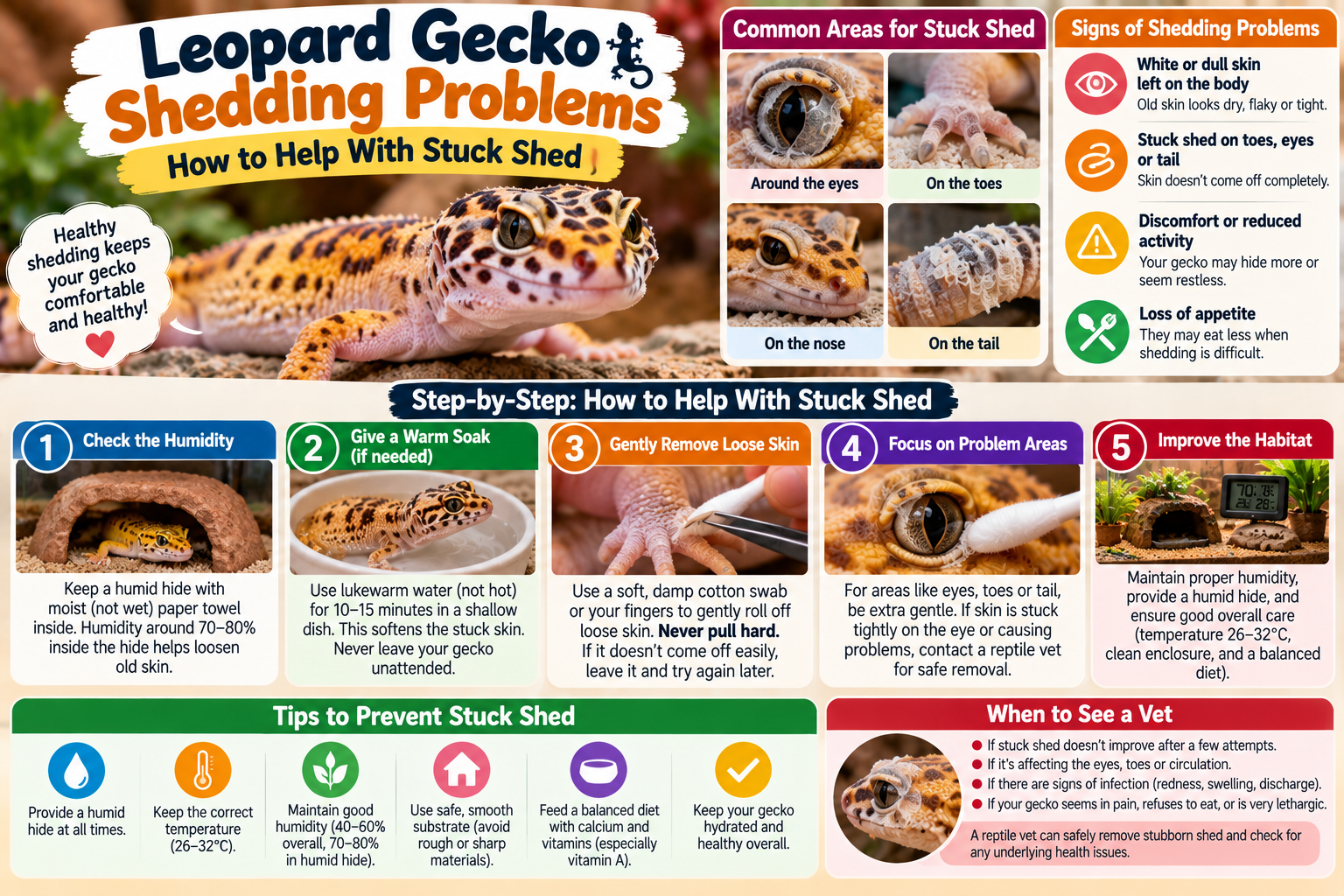 Leopard gecko with small areas of retained shed on its toes beside a humid hide in a clean terrarium, illustrating stuck shed problems and safe shedding support.
