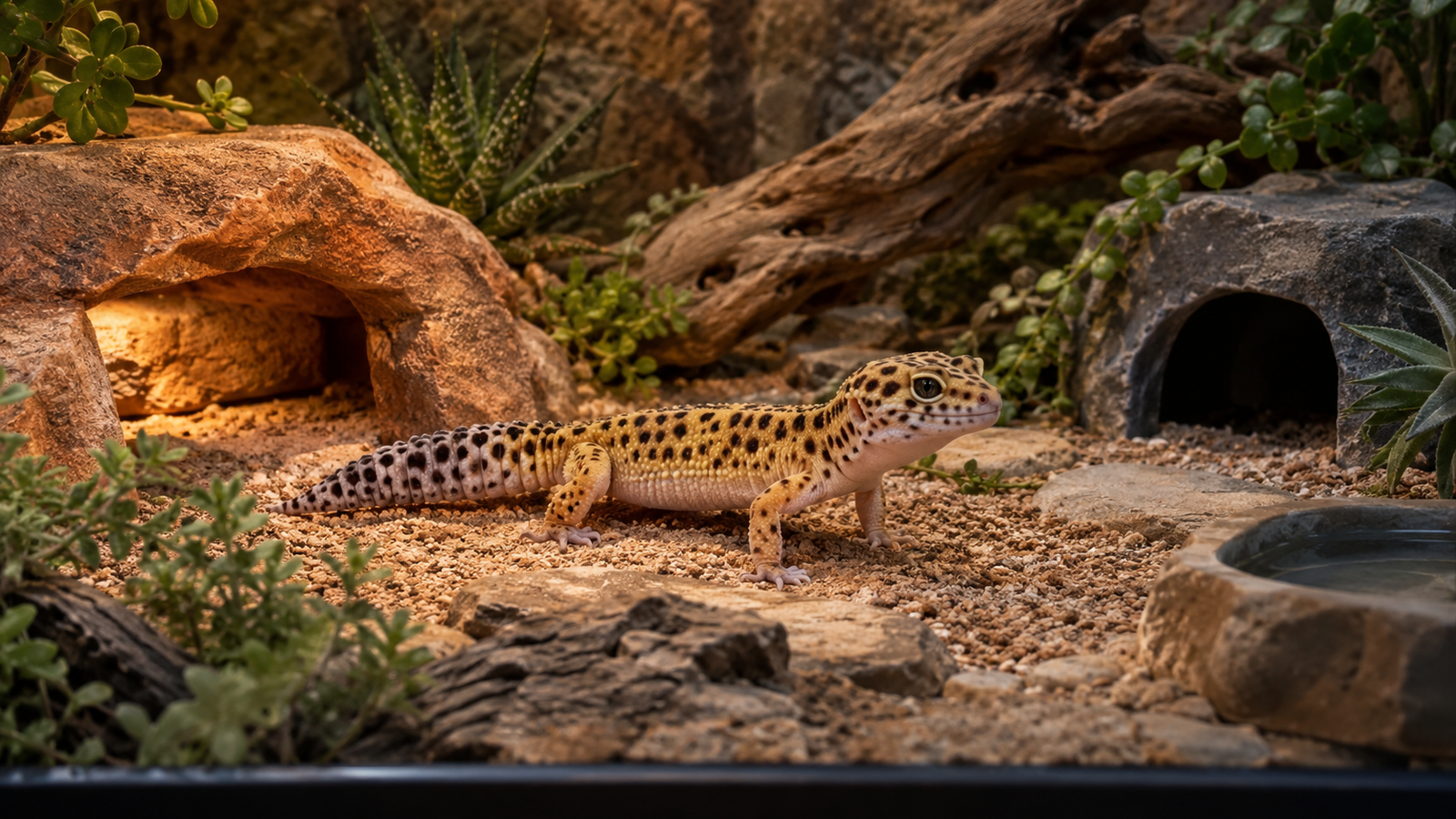 Leopard gecko in a well-arranged natural-style terrarium