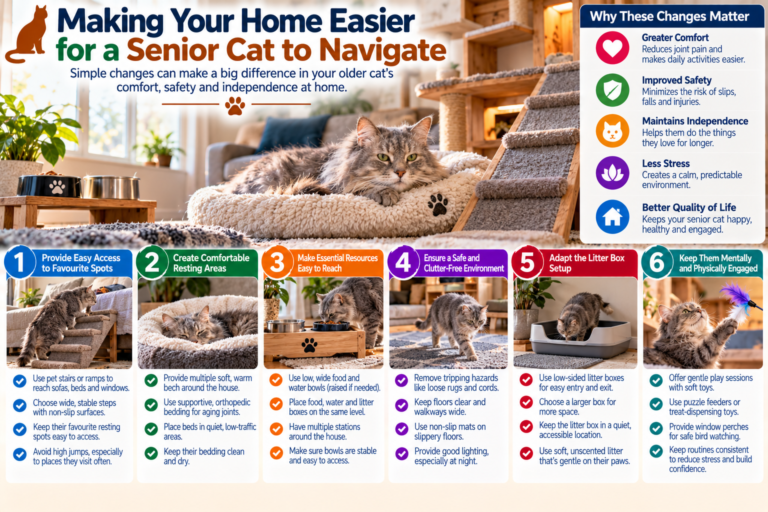 Senior cat moving comfortably through a home with pet steps, low-entry litter box, soft resting areas and easy-access food and water stations designed for older cats.