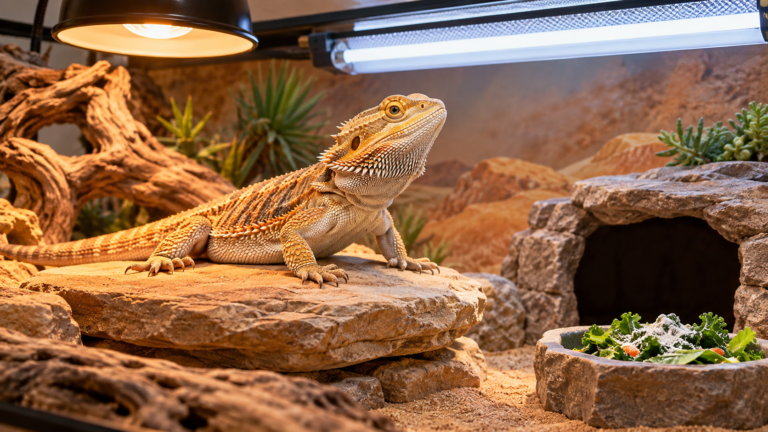 Healthy bearded dragon basking under UVB lighting beside calcium-rich greens in a clean terrarium, illustrating metabolic bone disease prevention in reptiles.