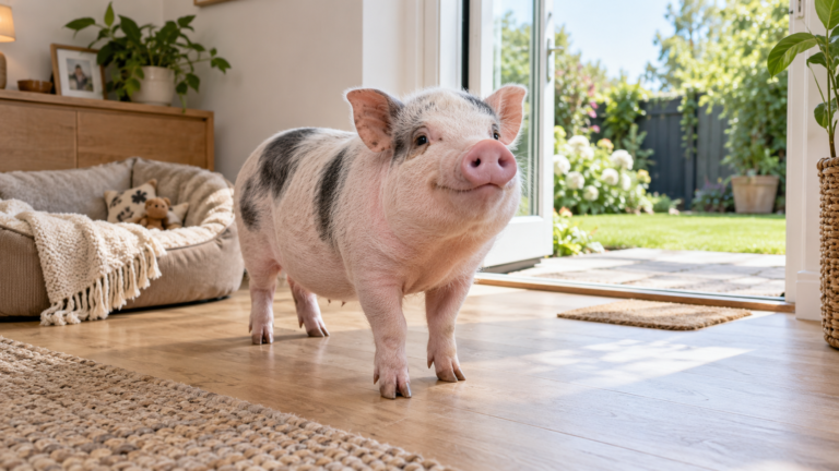 Miniature pet pig in a bright indoor home environment