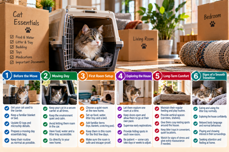 Cat exploring a new home with moving boxes, a carrier, familiar bedding and supplies arranged room by room to help reduce stress during a household move.