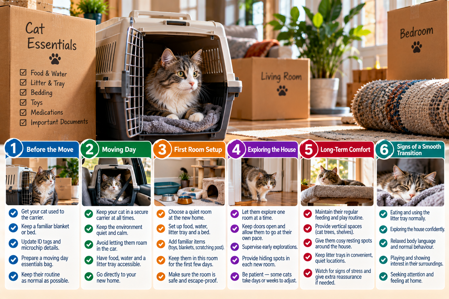 Cat exploring a new home with moving boxes, a carrier, familiar bedding and supplies arranged room by room to help reduce stress during a household move.
