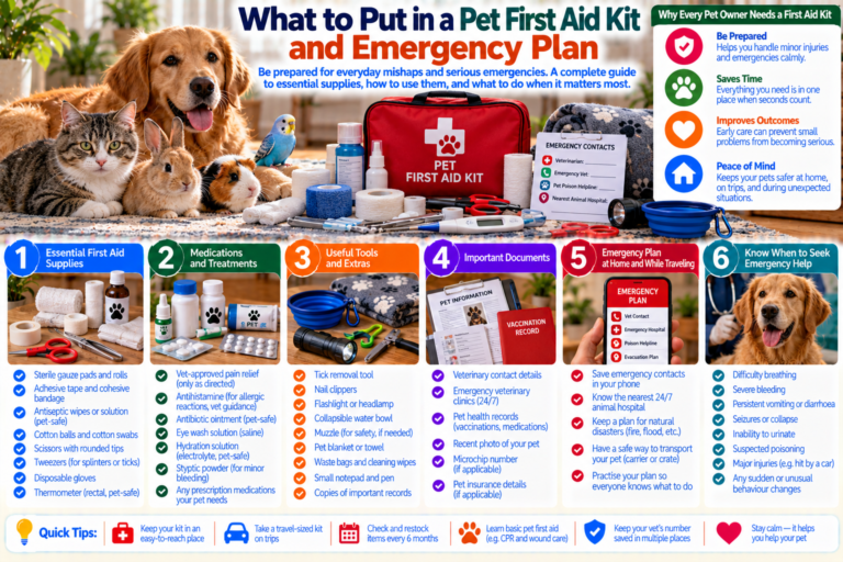 Organized pet first aid kit with bandages, gauze, gloves, thermometer, saline, emergency contacts and a pet carrier, illustrating essential supplies and planning for pet emergencies.