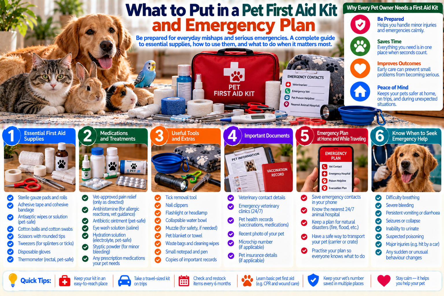 Organized pet first aid kit with bandages, gauze, gloves, thermometer, saline, emergency contacts and a pet carrier, illustrating essential supplies and planning for pet emergencies.